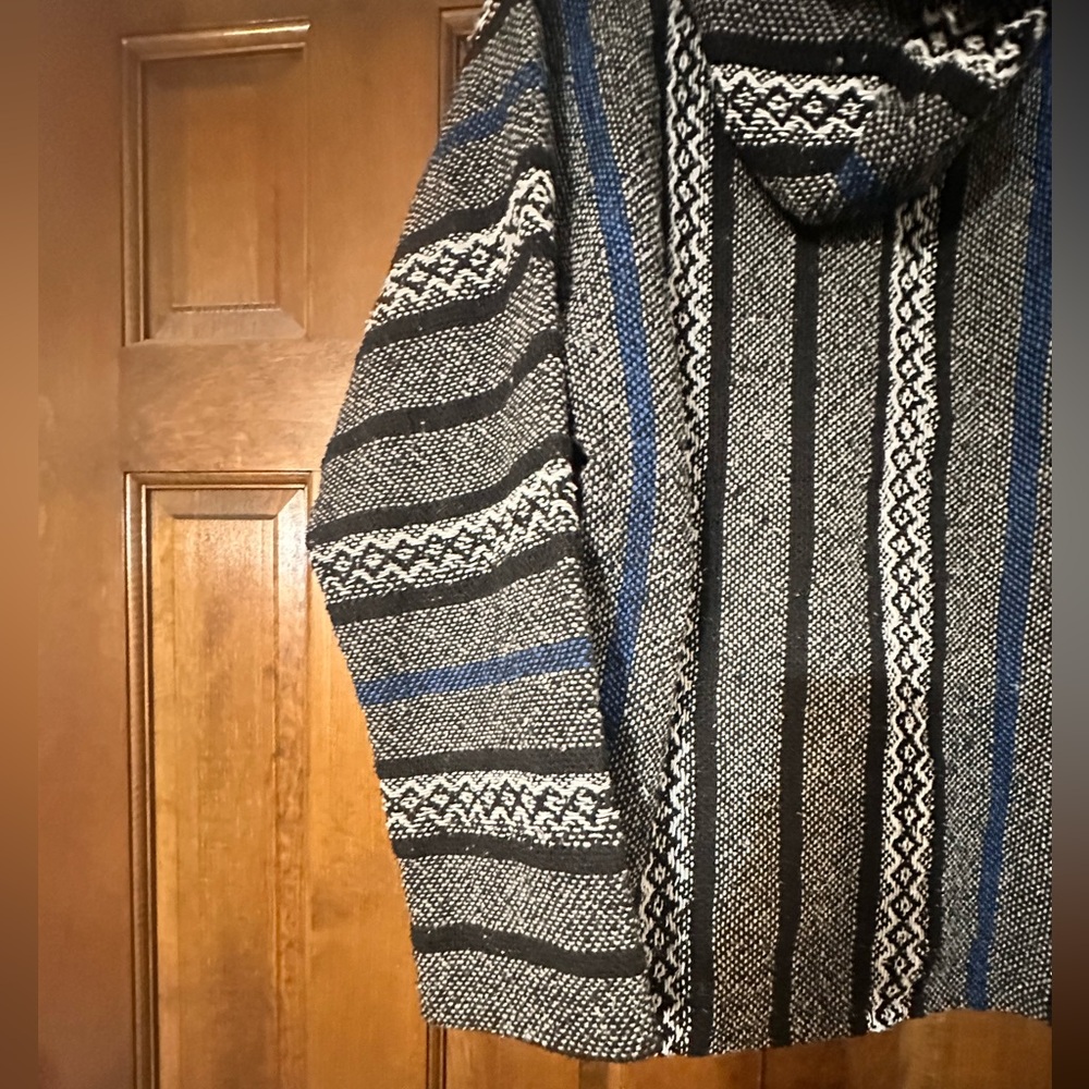 Baja Joe Gray Striped Mexican Baja Hooded Poncho - Small - Picture 5 of 12